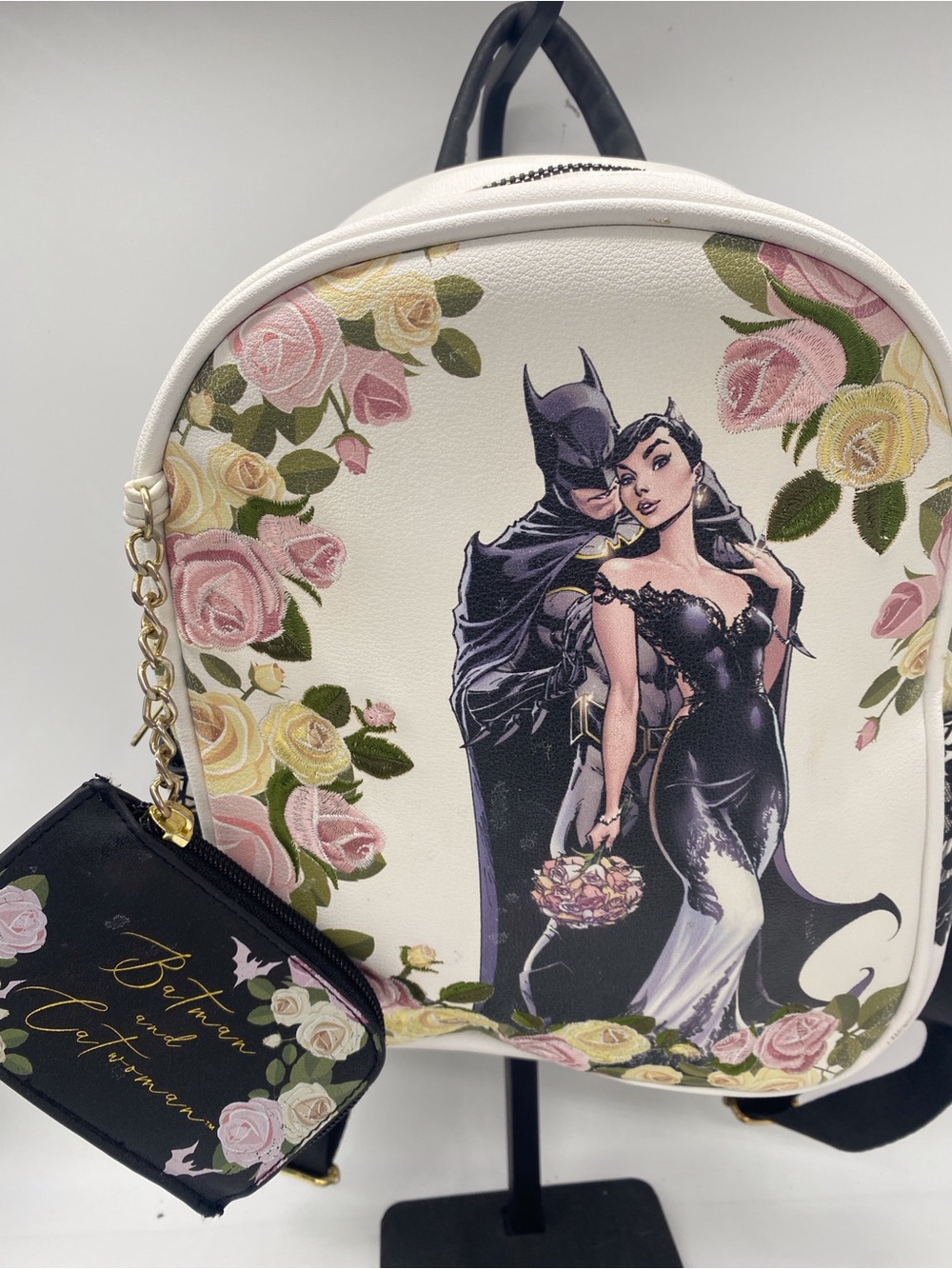 Batman Floral Mini Backpack in White with Pink and Yellow Roses